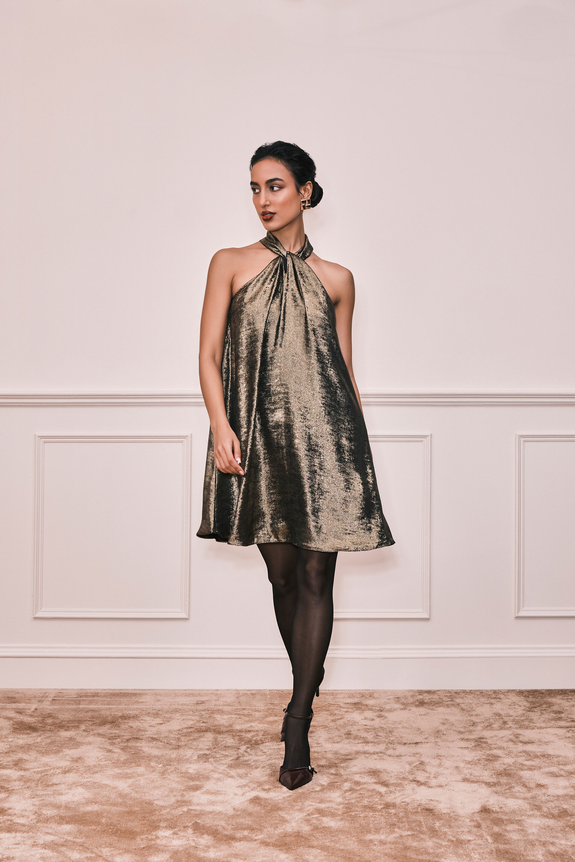 Champagne Sunsets Metallic Mini Dress, Gold, image 1